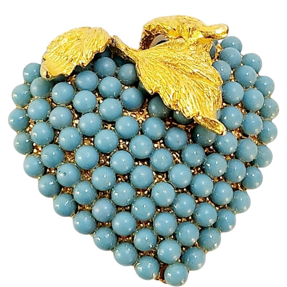 VTG Heart Pin Brooch Gold Plated Leaves Small Faux Turquoise Cabochon 1.25”